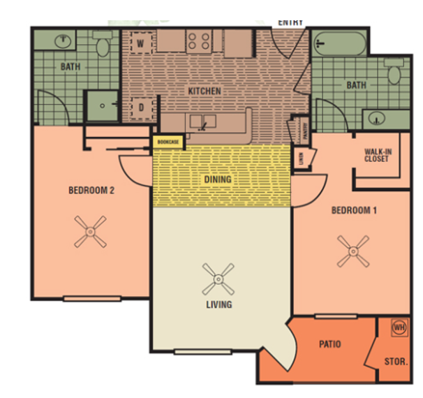 Floor plan for 2 beds, 2 baths, 1021 sqft
